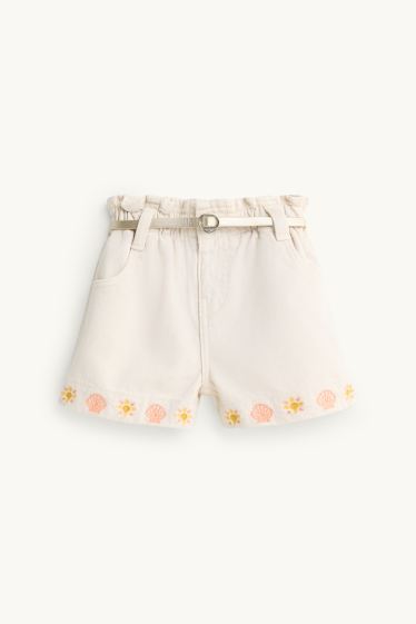Kinderen: meisjes - Schelp en zon - denim short met riem - wit