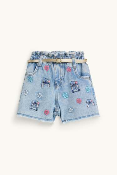 Kinderen: meisjes - Lilo & Stitch - denim short met riem - jeanslichtblauw