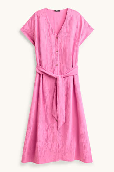 Dámské - Šaty s výstřihem ve tvaru V - straight fit - strukturované - růžová