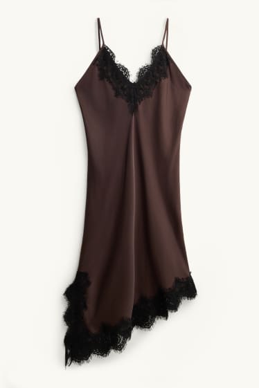 Women - Satin dress - straight fit - dark brown