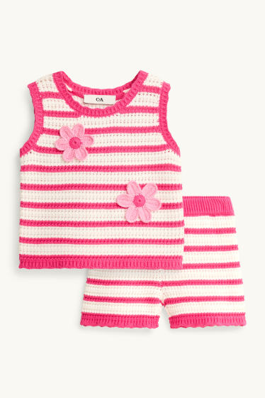 Enfants filles - Fleurs - ensemble - top en maille et short - 2 pièces- à rayures - blanc / rose