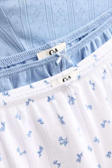 Damen - Multipack 2er - Pointelle-Pyjamashorts - geblümt - weiß / hellblau