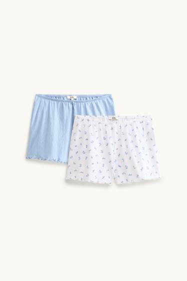 Damen - Multipack 2er - Pointelle-Pyjamashorts - geblümt - weiß / hellblau