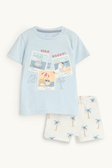 Baby: jongens - Dieren en palmbomen - babyoutfit - 2-delig - blauw