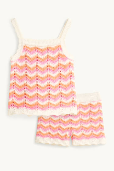 Bambine - Set - top e shorts in maglia - 2 pezzi - fantasia - rosa / arancione