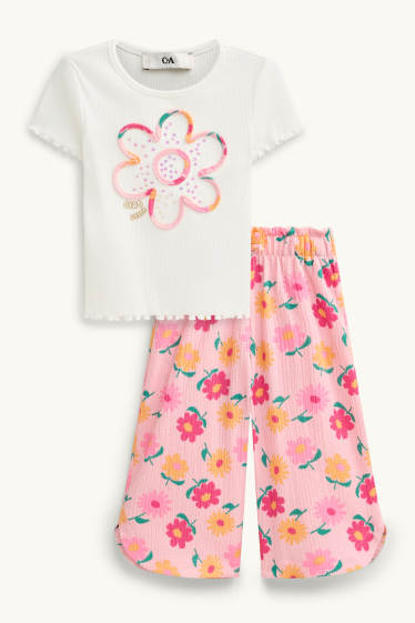 Kinder Mädchen - Blümchen - Set - Kurzarmshirt und Hose - 2 teilig - weiss / rosa