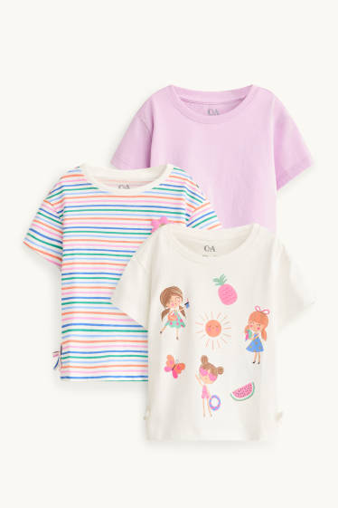 Kinderen: meisjes - Set van 3 - bloem en zomer - T-shirt - paars / wit