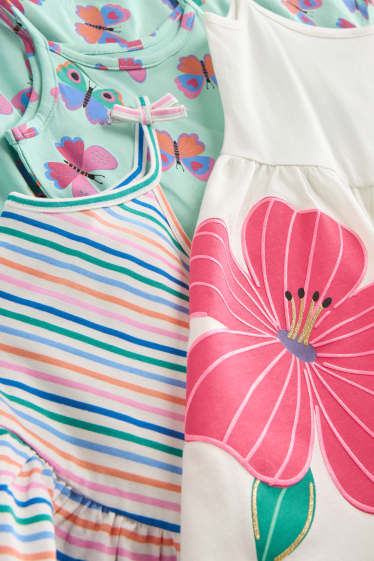 Kinder Mädchen - Multipack 3er - Blume und Schmetterling - Kleid - gestreift - weiß / türkis
