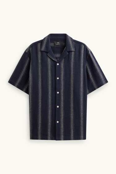 Men - Shirt - regular fit - lapel collar - striped - textured - dark blue