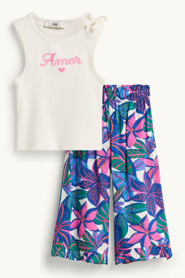 Kinder Mädchen - Blume - Set - Top und Stoffhose - 2 teilig - weiß / rosa