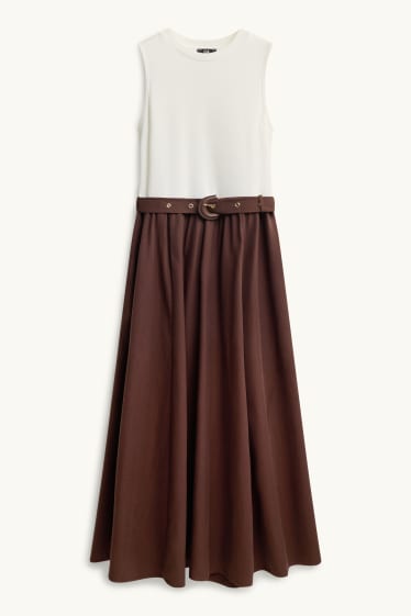 Dámské - Šaty fit & flare s páskem - hnědá / krémově bílá