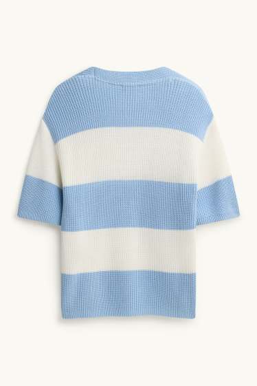 Femmes - Pull en maille - manches courtes - finition côtelée - à rayures - bleu / blanc