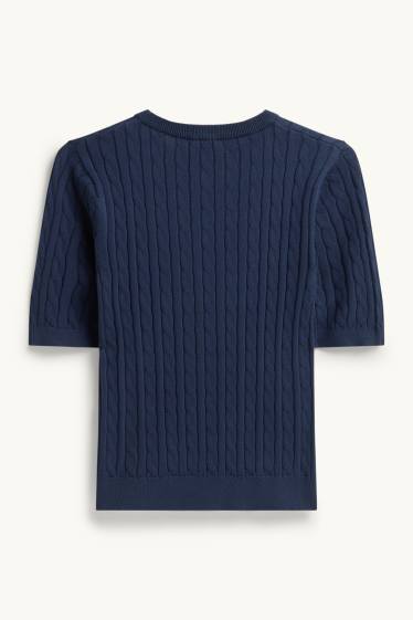 Dames - Gebreide trui - korte mouwen - kabelpatroon - blauw