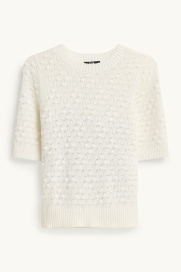 Women - Knitted jumper - short sleeve - textured - cremewhite