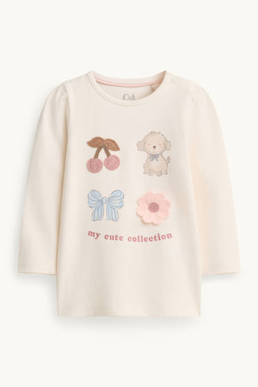 Bébés filles - Cerise, petit chien, petit nœud, petite fleur - haut à manches longues bébé - crème