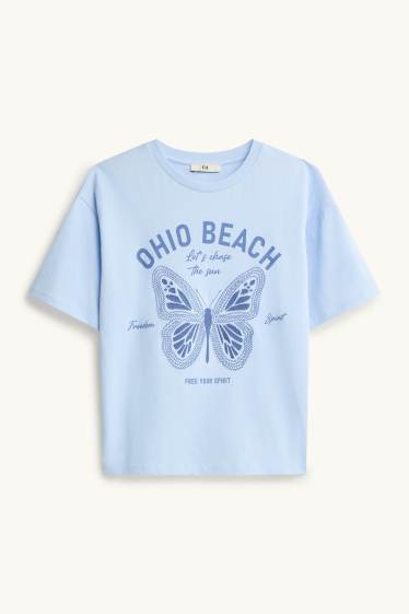 Děti - dívky - Motýl - tričko s krátkým rukávem - světle modrá