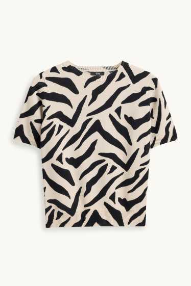 Damen - Strickpullover - kurzarm - gemustert - schwarz / beige