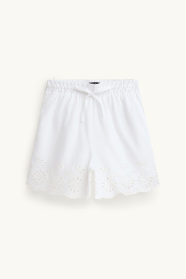 Damen - Shorts - High Waist - Broderie Anglaise - weiß