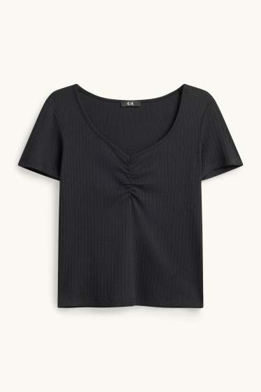 Femei - Tricou cu decolteu în V - reiat - negru