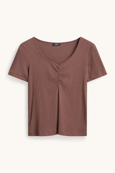 Damen - T-Shirt mit V-Ausschnitt - gerippt - braun