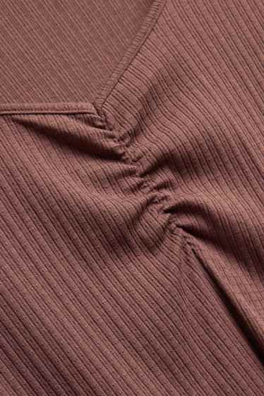 Damen - T-Shirt mit V-Ausschnitt - gerippt - braun