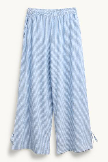 Dámské - Mušelínové plátěné kalhoty - mid waist - wide leg - pruhované - světle modrá