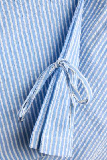 Dámské - Mušelínové plátěné kalhoty - mid waist - wide leg - pruhované - světle modrá