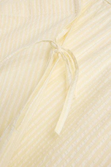 Dámské - Mušelínové plátěné kalhoty - mid waist - wide leg - pruhované - světle žlutá