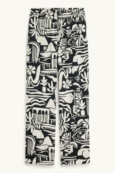 Damen - Stoffhose - Mid Waist - Wide Leg - gemustert - schwarz / weiß