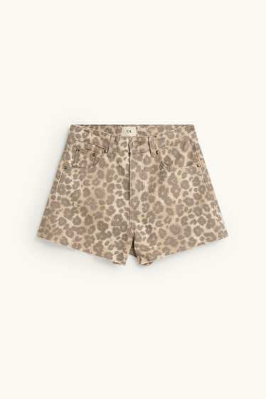 Femei - Pantaloni scurți de blugi - talie înaltă - imprimeu de leopard - bej / maro