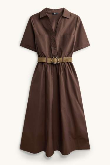 Damen - Kleid mit Gürtel und V-Ausschnitt - dunkelbraun