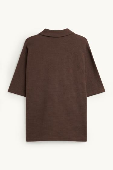 Men - Knitted polo shirt - relaxed fit - dark brown