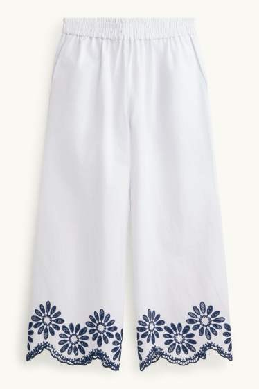 Dames - Pantalon - mid waist - wide leg - broderie Anglaise - wit / blauw