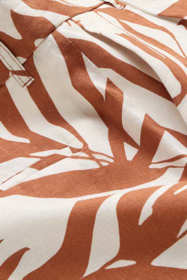 Dámské - Šortky - mid waist - lněná směs - se vzorem - hnědá / krémově bílá