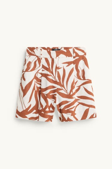 Dámské - Šortky - mid waist - lněná směs - se vzorem - hnědá / krémově bílá
