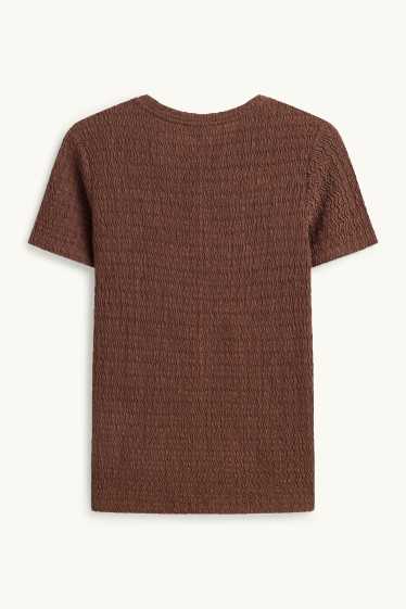 Dames - T-shirt - regular fit - met structuur - donkerbruin