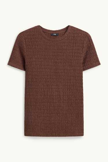 Dames - T-shirt - regular fit - met structuur - donkerbruin