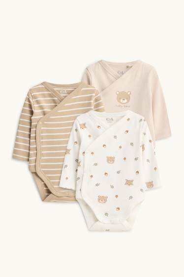 Unisex - Multipack of 3 - bear and lynx - wrapover baby bodysuit - beige