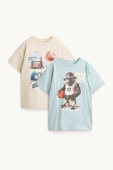 Kinder Buben - Multipack 2er - Basketball und Gorilla - Kurzarmshirt - beige