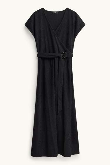 Dames - Fit & flare-jurk met ceintuur - gebloemd - met structuur - zwart