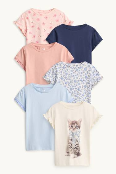 Kinder Mädchen - Multipack 6er - Blume und Katze - Kurzarmshirt - cremeweiß