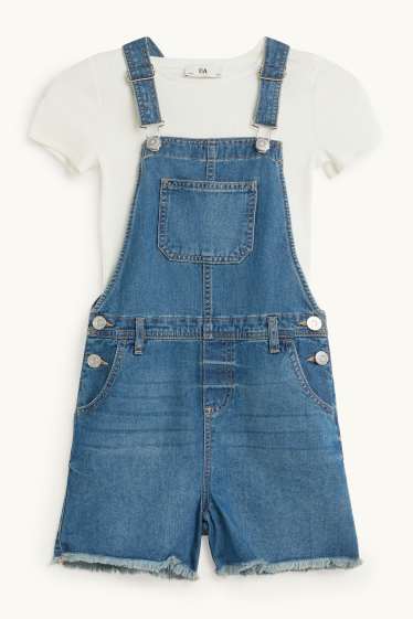 Kinder Mädchen - Set - Kurzarmshirt und Jeans-Latzhose - 2 teilig - blau