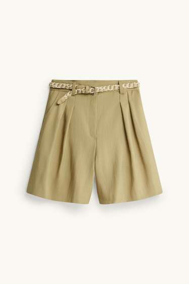 Women - Bermuda shorts with belt - mid-rise waist - khaki