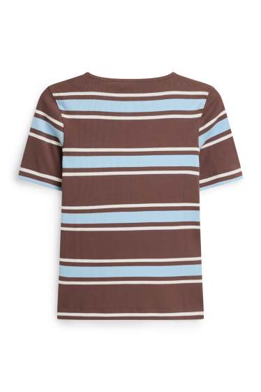 Dona - Samarreta de màniga curta - slim fit - acanalada - de ratlles - marró/blau