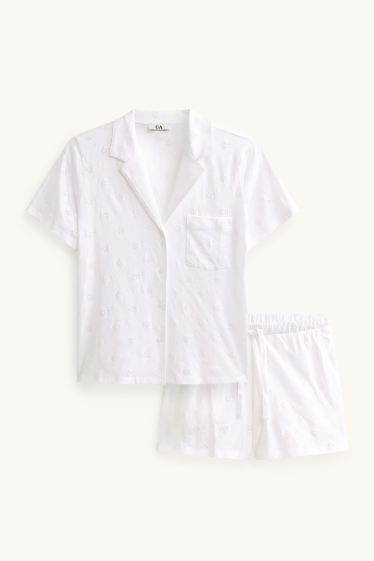Femmes - Pyjashort - broderie anglaise - blanc