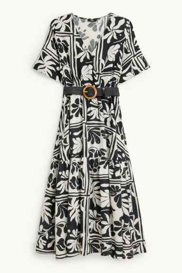 Damen - Fit & Flare Kleid mit Gürtel - geblümt - weiß / schwarz