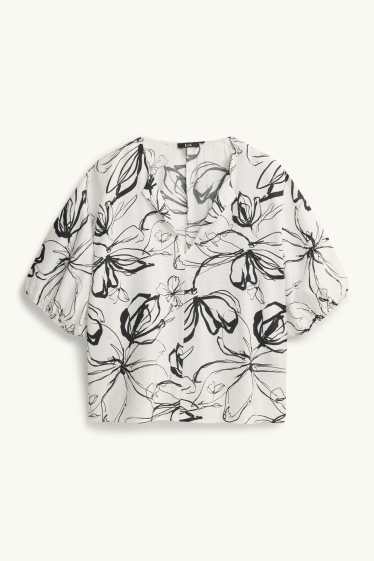 Dames - Blouse met V-hals - gebloemd - wit / zwart
