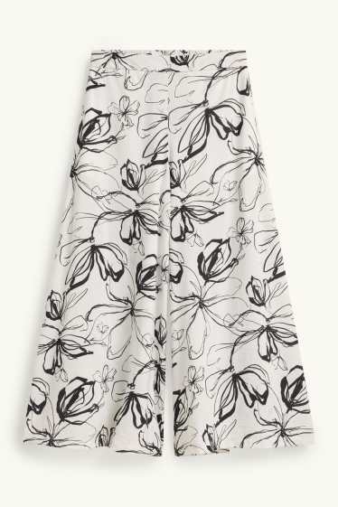 Dames - Kortere pantalon - high waist - palazzo - gebloemd - wit / zwart