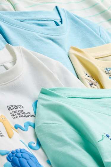 Kinder Buben - Multipack 5er - Meer - Kurzarmshirt - gestreift - weiß / türkis