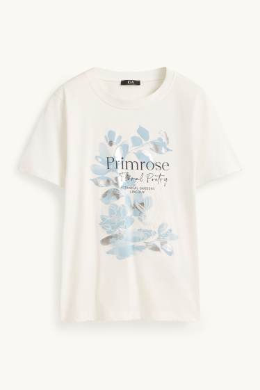 Dona - Samarreta de mànigues curtes - regular fit - de flors - efecte brillant - blanc